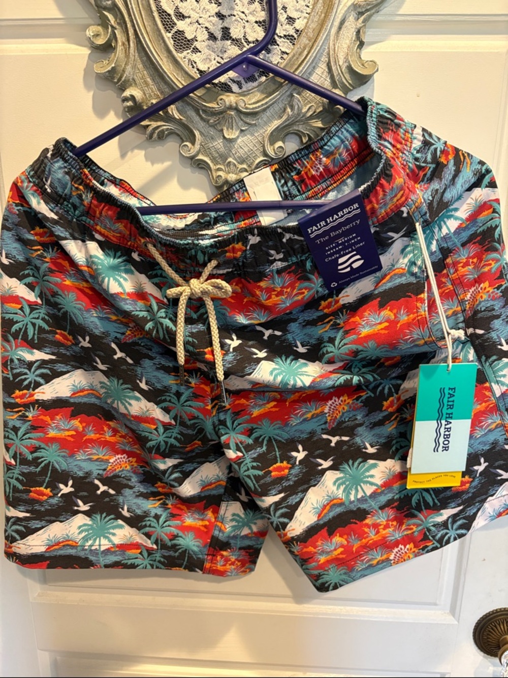 Fair Harbor Women's Tropical Swim Shorts in Teal, Red, Orange, Black